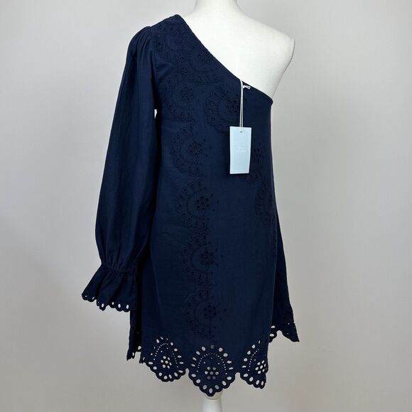 Hill House The Mila Dress Linen Navy Blue Eyelet Mini One Shoulder Small NWT - Picture 6 of 10